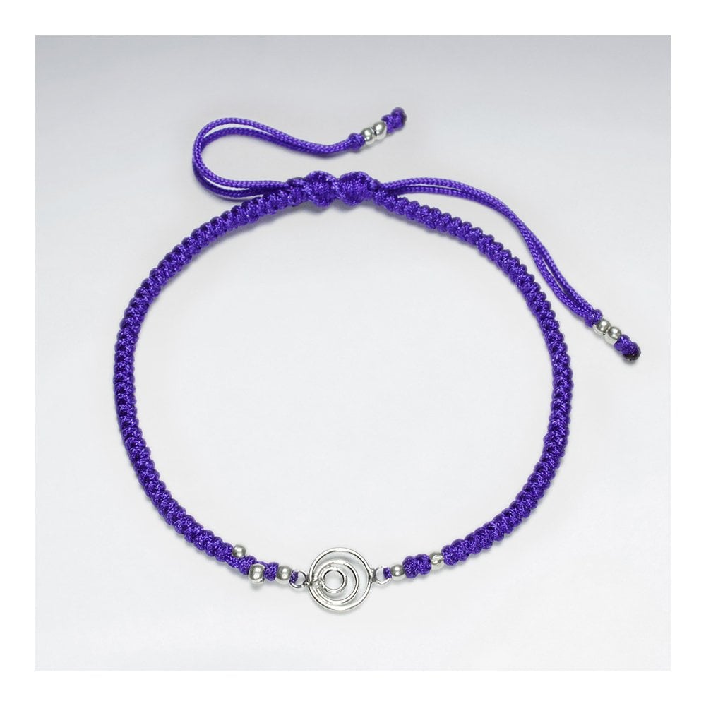 7 '' Adjustable Blue Macrame Nylon Cord Bracelet With Silver Beads and Open Circles Charm