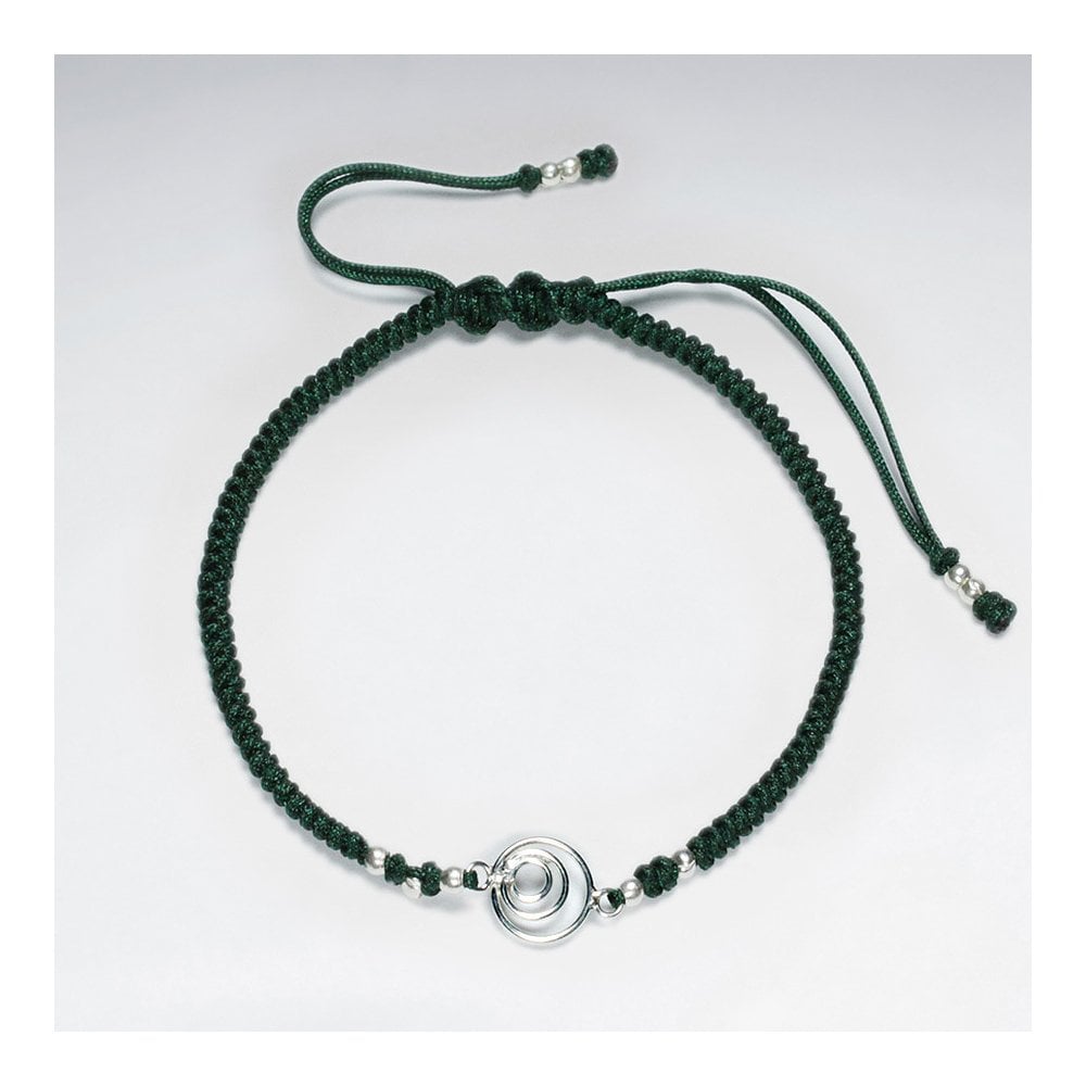 7 '' Adjustable Blue Macrame Nylon Cord Bracelet With Silver Beads and Open Circles Charm