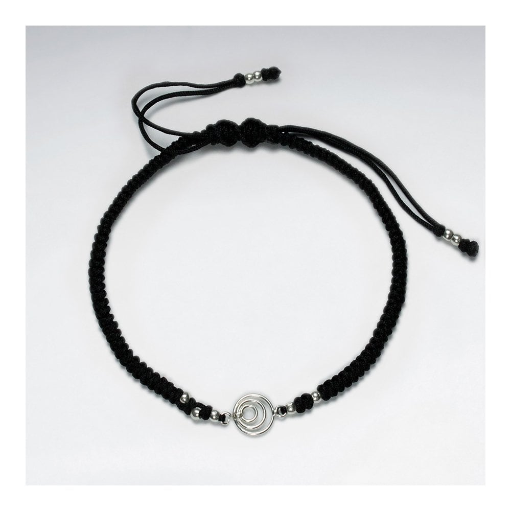 7 '' Adjustable Blue Macrame Nylon Cord Bracelet With Silver Beads and Open Circles Charm