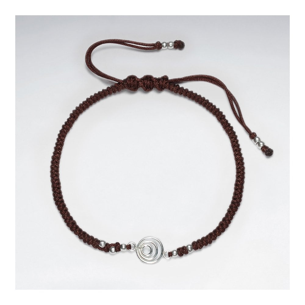 7 '' Adjustable Blue Macrame Nylon Cord Bracelet With Silver Beads and Open Circles Charm
