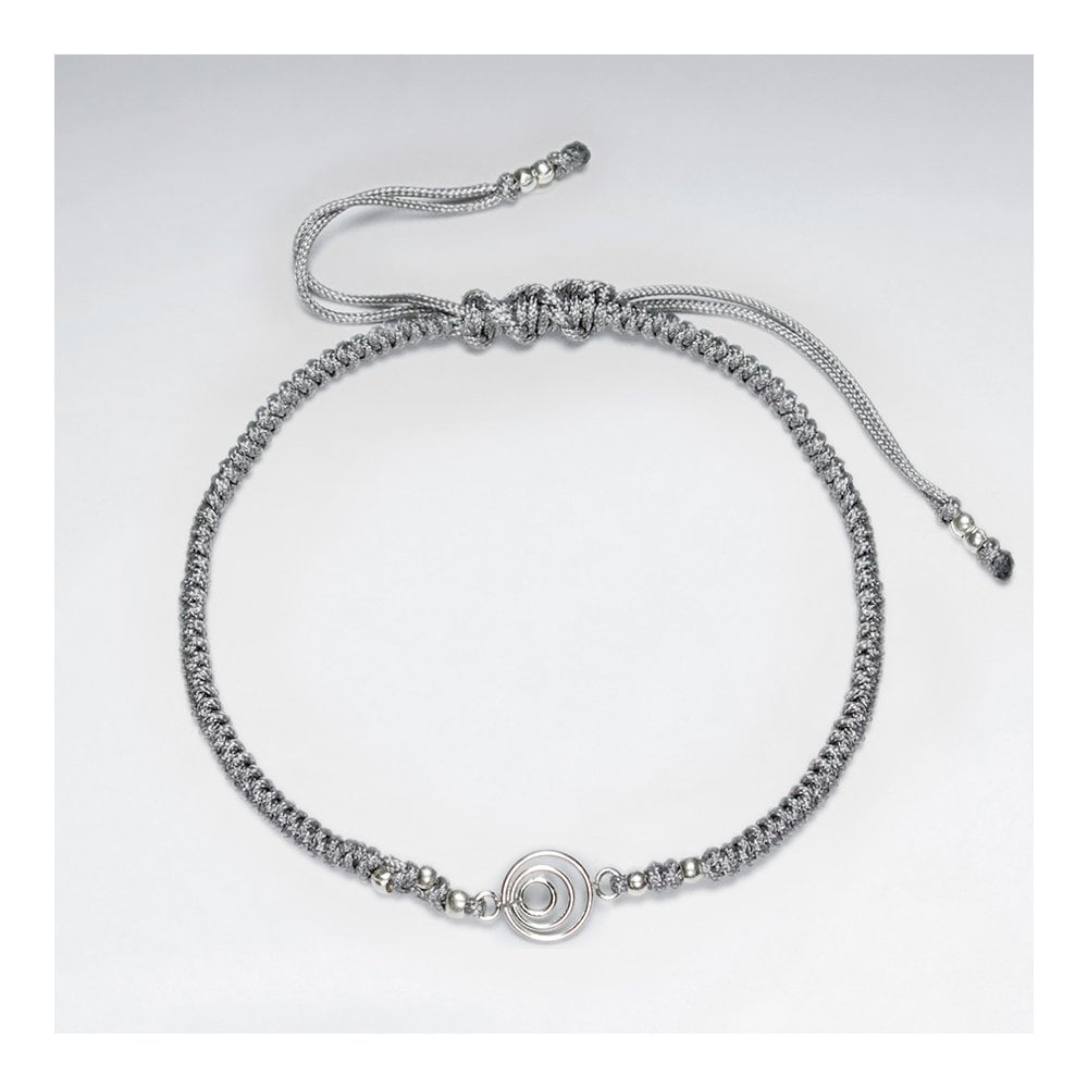 7 '' Adjustable Blue Macrame Nylon Cord Bracelet With Silver Beads and Open Circles Charm