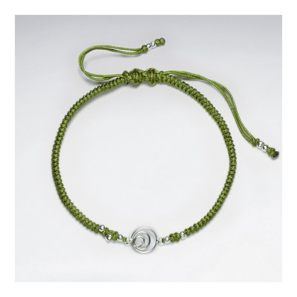 7 '' Adjustable Blue Macrame Nylon Cord Bracelet With Silver Beads and Open Circles Charm