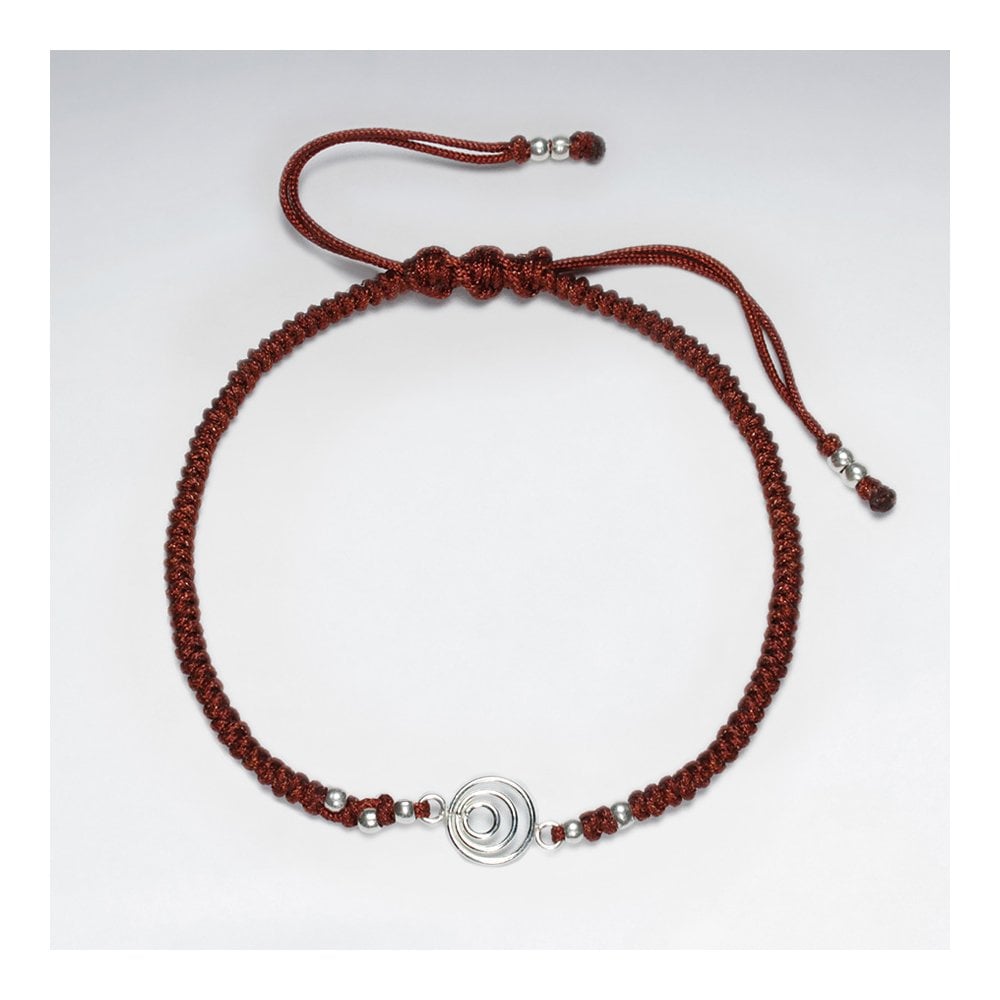 7 '' Adjustable Blue Macrame Nylon Cord Bracelet With Silver Beads and Open Circles Charm