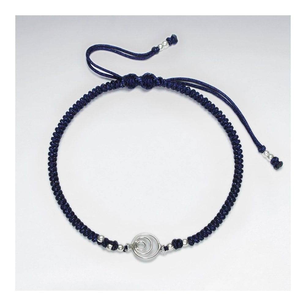 7 '' Adjustable Blue Macrame Nylon Cord Bracelet With Silver Beads and Open Circles Charm