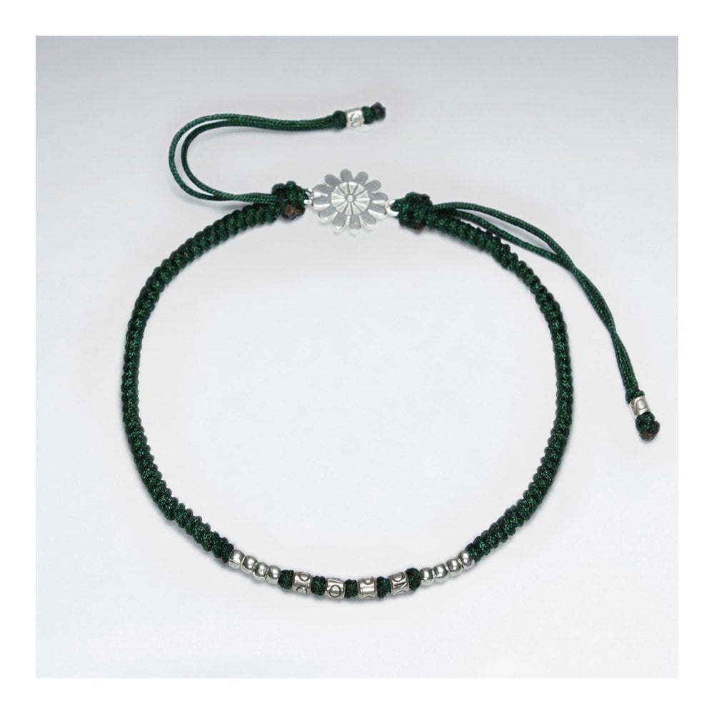 7" Adjustable Blue Macrame Nylon Cord Bracelet With Silver Beads and Sunburst Sterling Silver Charm