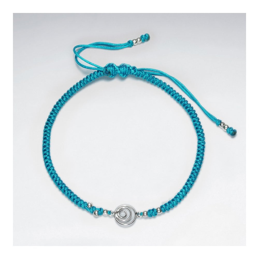 7 '' Adjustable Blue Macrame Nylon Cord Bracelet With Silver Beads and Open Circles Charm