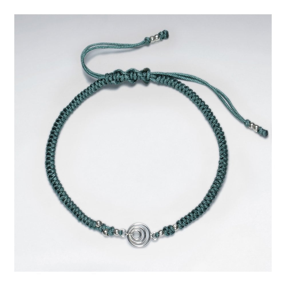 7 '' Adjustable Blue Macrame Nylon Cord Bracelet With Silver Beads and Open Circles Charm