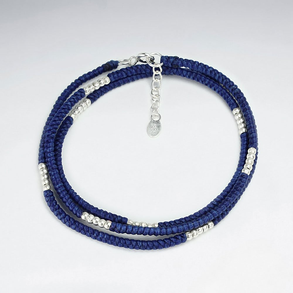 Adjustable Macrame Waxed Cotton Cord Bracelet With Pattern Silver Charm Beads in Triple Stack Loop