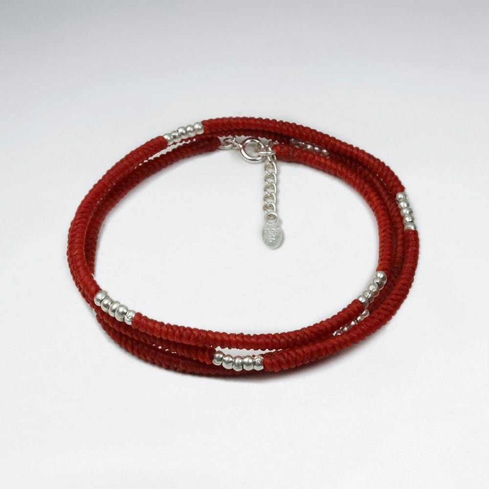 Adjustable Macrame Waxed Cotton Cord Bracelet With Pattern Silver Charm Beads in Triple Stack Loop