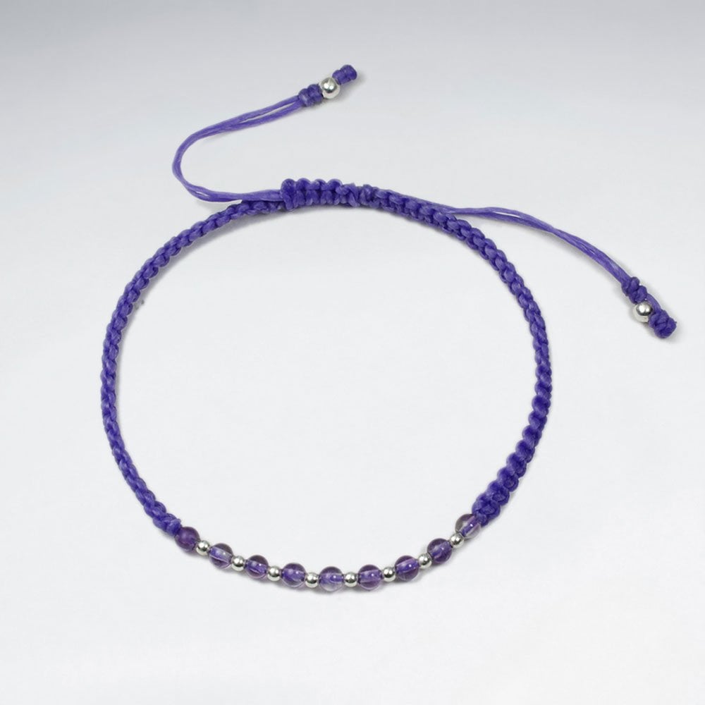 Adjustable Macrame Waxed Cotton Cord Bracelet With Tiger Eye and Alternating Silver Beads