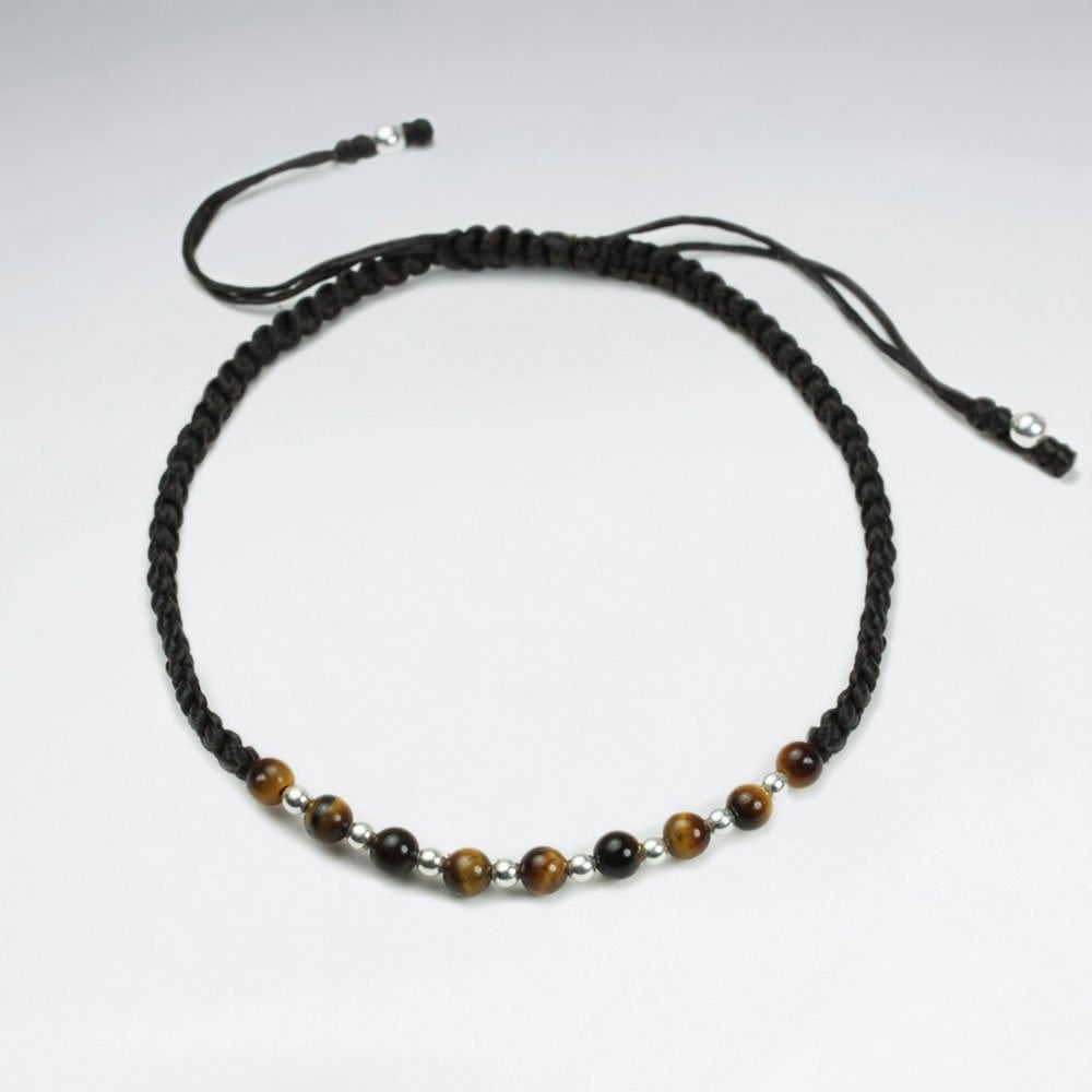 Adjustable Macrame Waxed Cotton Cord Bracelet With Tiger Eye and Alternating Silver Beads