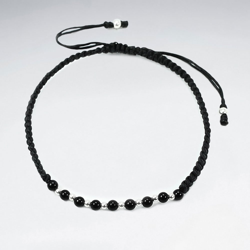 Adjustable Macrame Waxed Cotton Cord Bracelet With Tiger Eye and Alternating Silver Beads