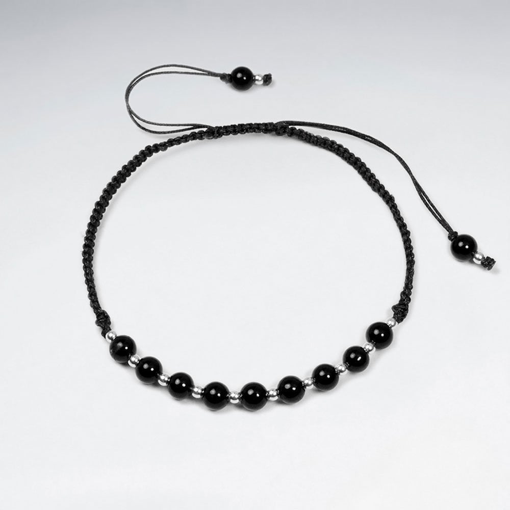 Adjustable Black Stone and Alternating Silver Charm Waxed Cotton Macrame Bracelet