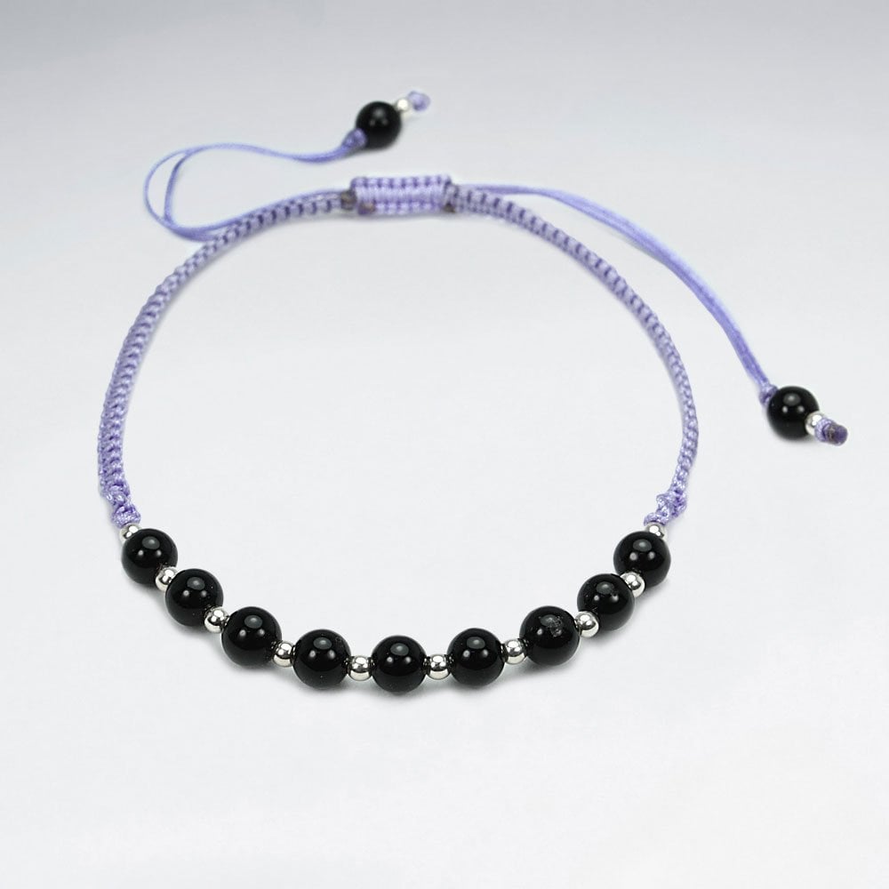 Adjustable Black Stone and Alternating Silver Charm Waxed Cotton Macrame Bracelet