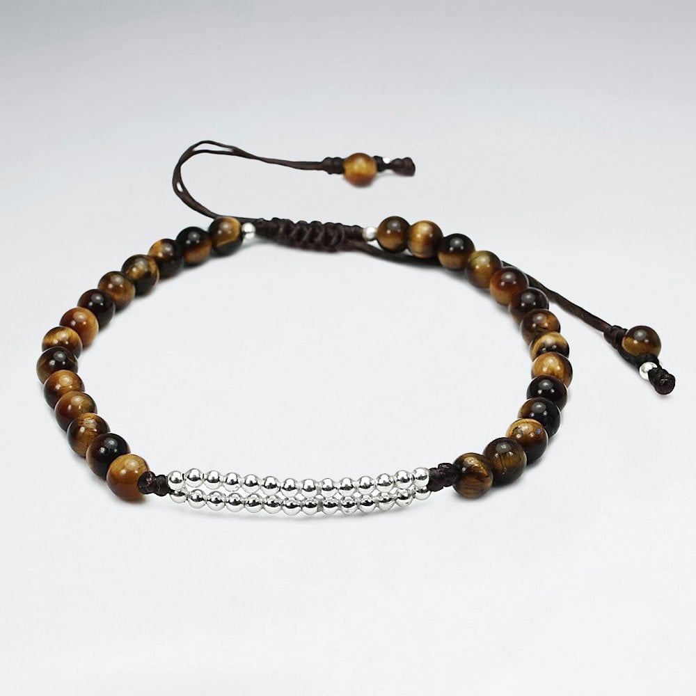 Black Waxed Cotton Tiger Eye Beaded Accent Bracelet