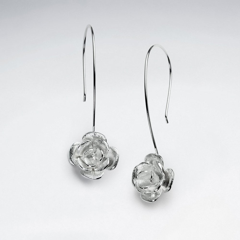 Stunning Sterling Silver Threader Hoop Rose Earrings