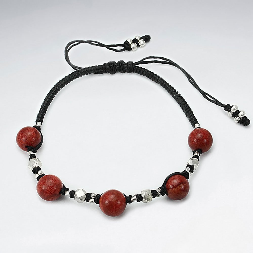 Waxed Cotton Bracelet with Coral Beads