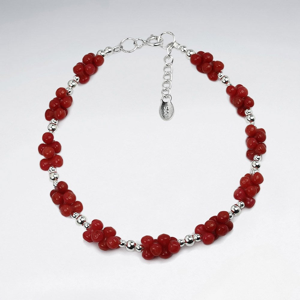 Silver and Red Coral Cluster Bracelet