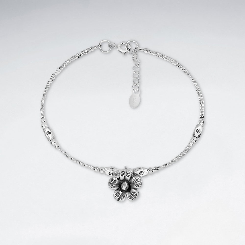 Sterling Silver 5-Point Flower Charm Bracelet