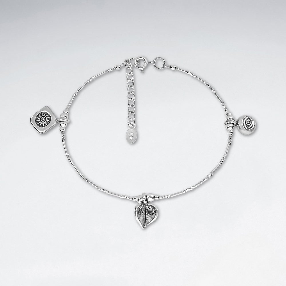 Sterling Silver Hamsa, Sunburst and Leaf Charm Bracelet