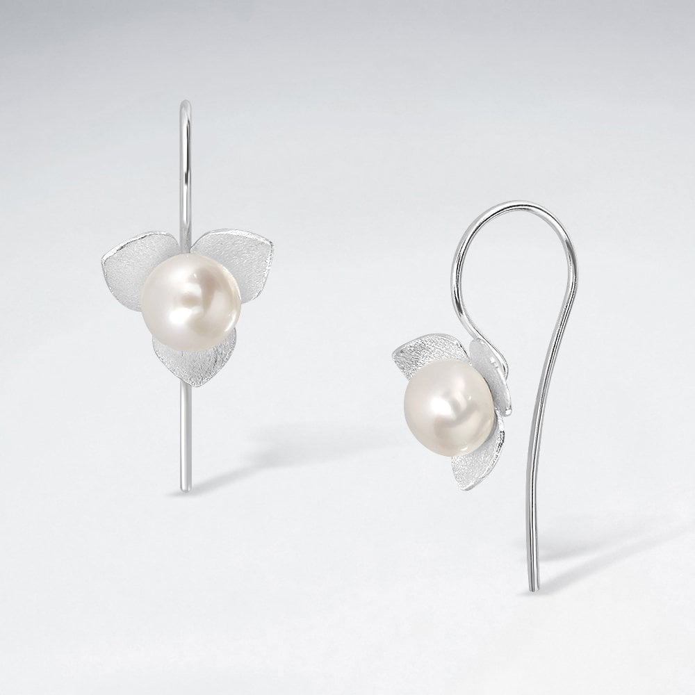 Sterling Silver Faux Pearl Flower Hook Earrings