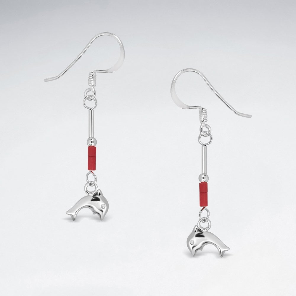 Sterling Silver and Coral Dolphin Dangle Earrings