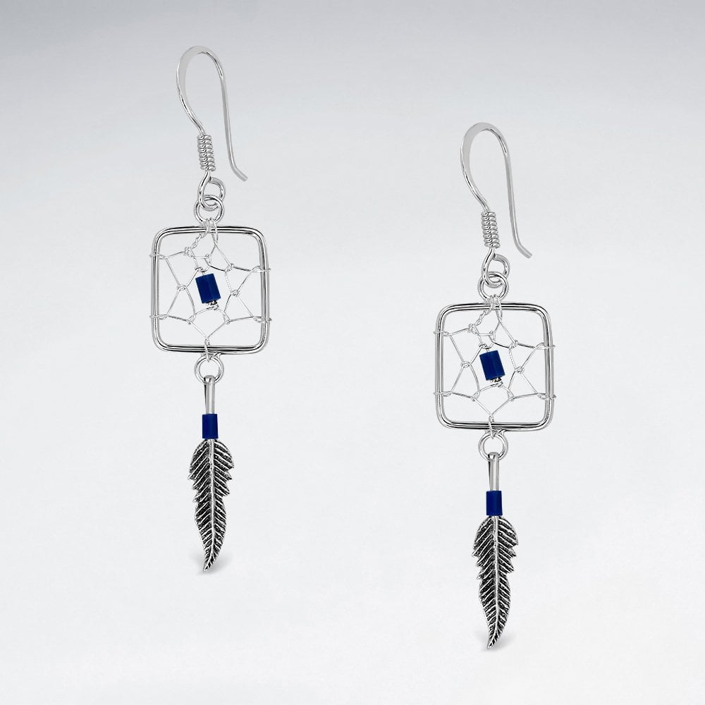 Sterling Silver Square Dream Catcher Feather Earrings