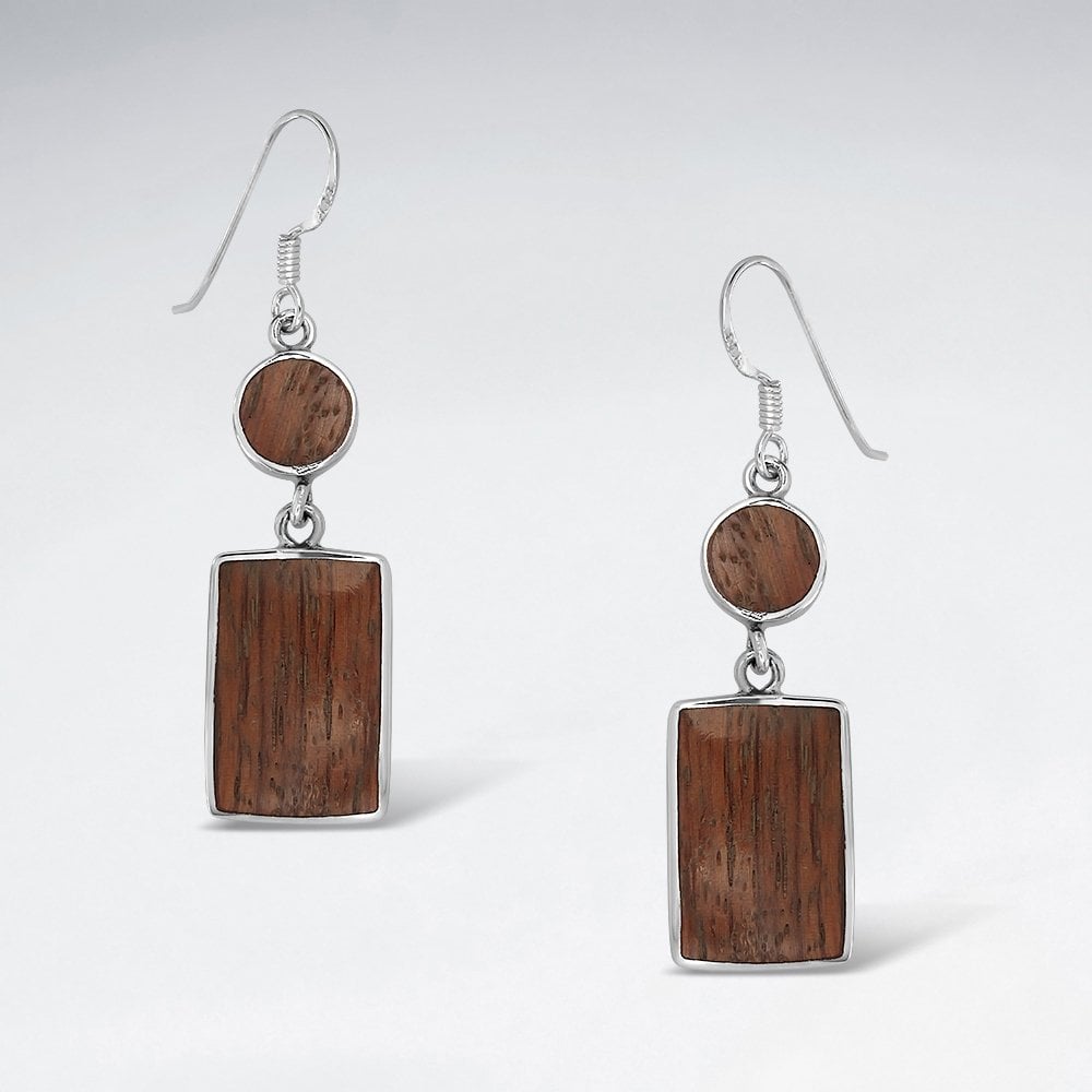 Sterling Silver Square and Circle Wood Dangle Earrings