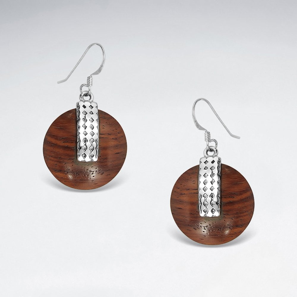 Sterling Silver Circle Wood Drop Earrings