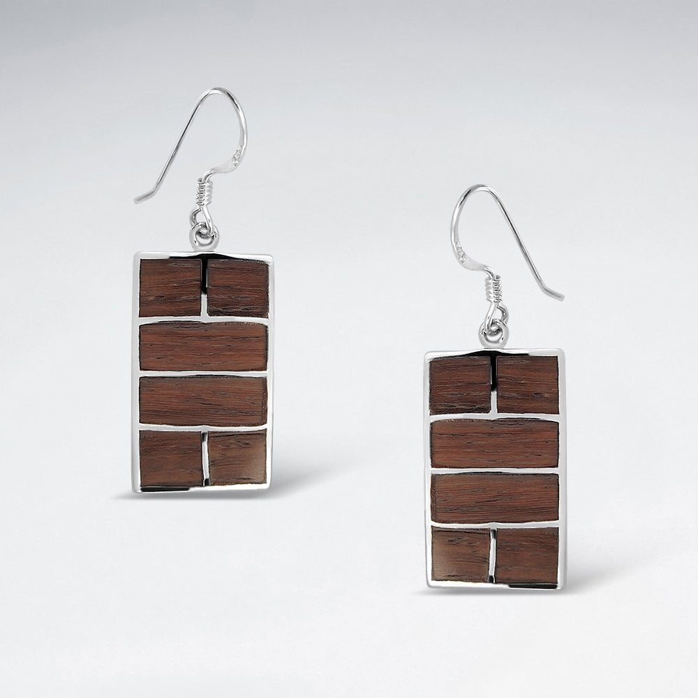 Sterling Silver Rectangle Wood Drop Earrings