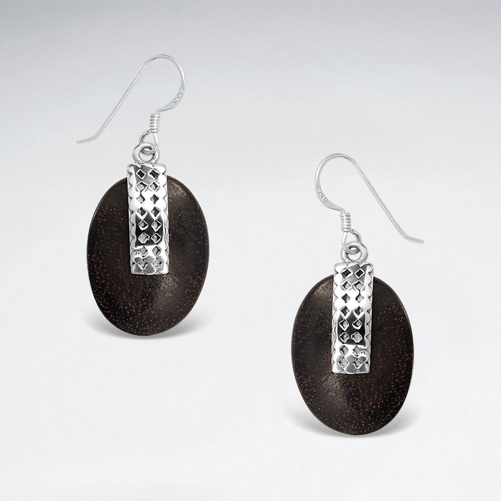 Sterling Silver Oval Wood Drop Earrings