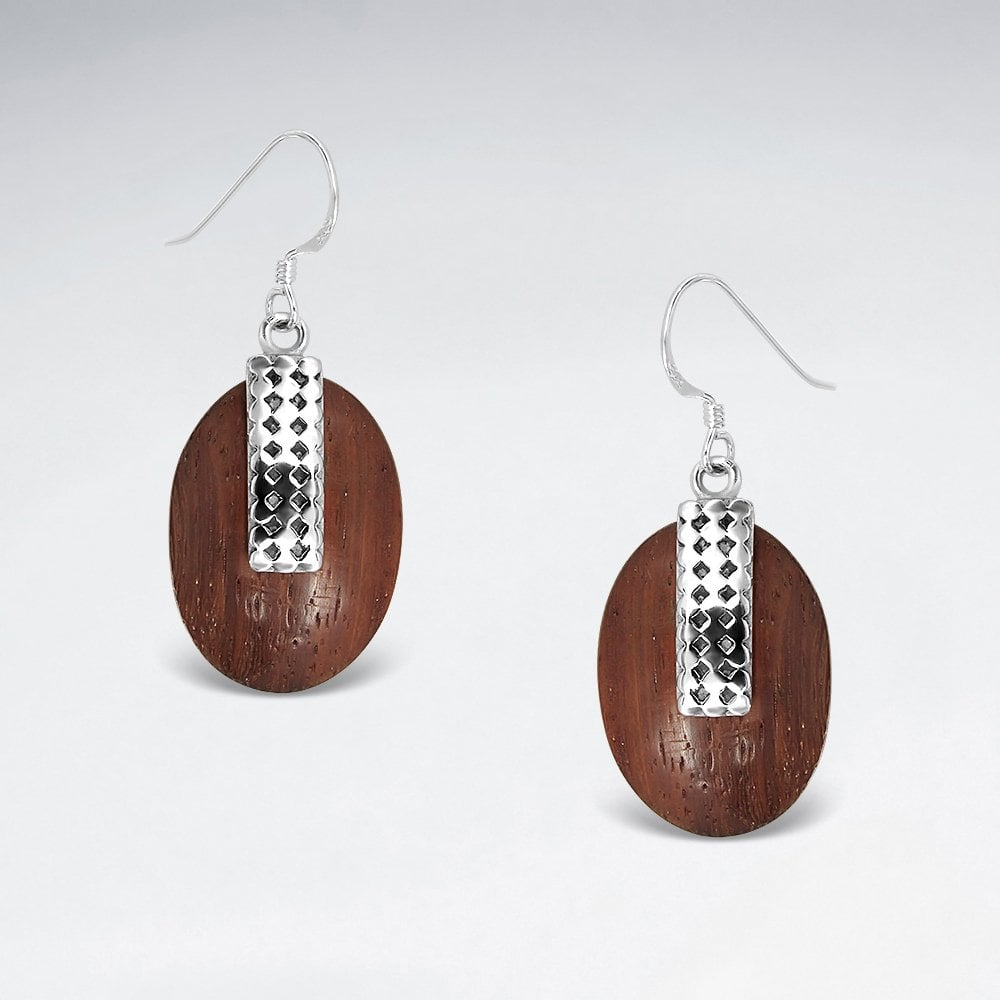 Sterling Silver Oval Wood Drop Earrings