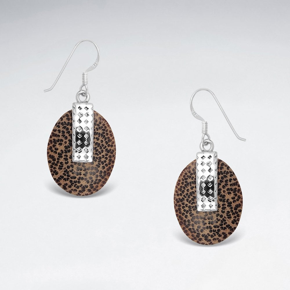 Sterling Silver Oval Wood Drop Earrings