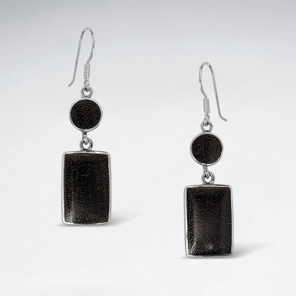 Sterling Silver Square and Circle Wood Dangle Earrings