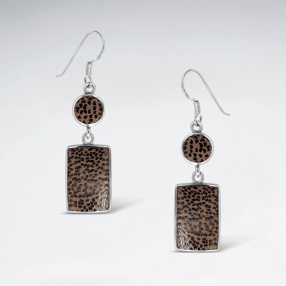 Sterling Silver Square and Circle Wood Dangle Earrings
