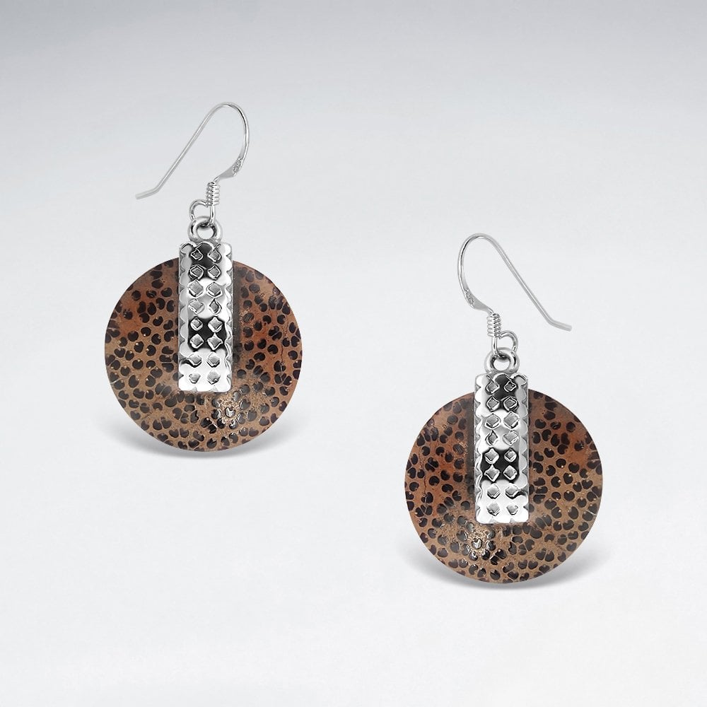 Sterling Silver Circle Wood Drop Earrings