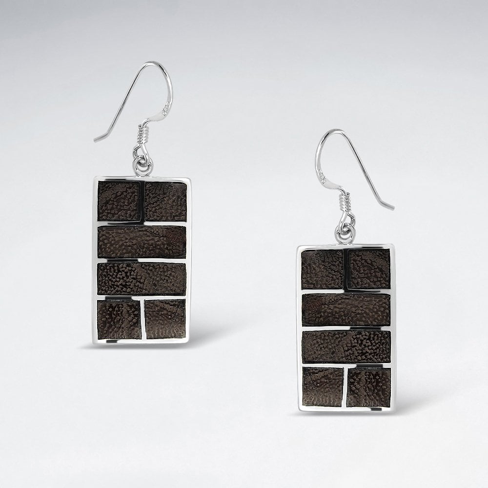 Sterling Silver Rectangle Wood Drop Earrings