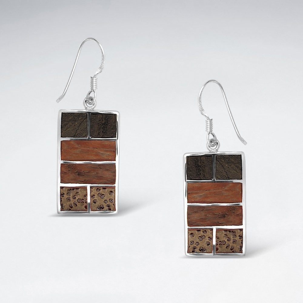 Sterling Silver Rectangle Wood Drop Earrings