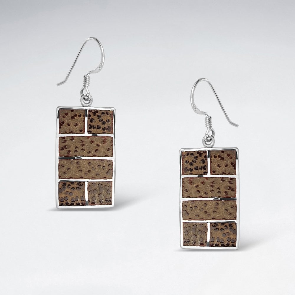 Sterling Silver Rectangle Wood Drop Earrings