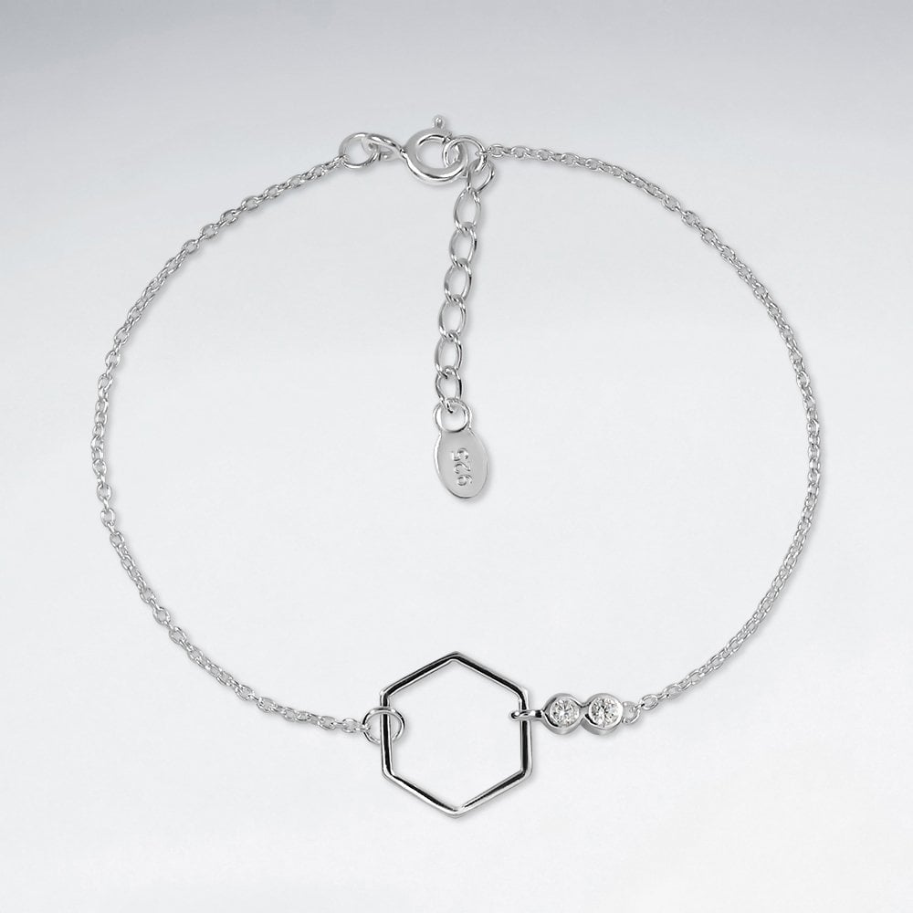 Sterling Silver Openwork CZ Hexagon Geometric Bracelet
