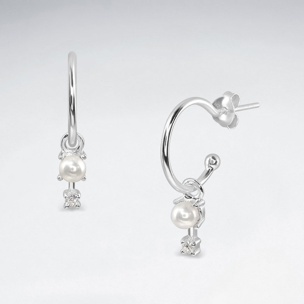 Sterling Silver Faux Pearl Hoop Earrings with CZ Drop