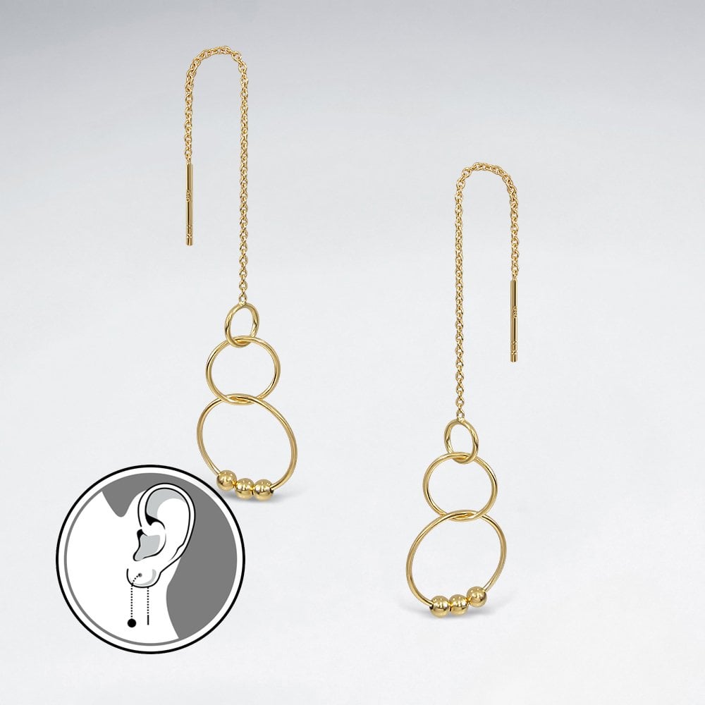 Sterling Silver Triple Hoop and Ball Dangle Threader Earrings