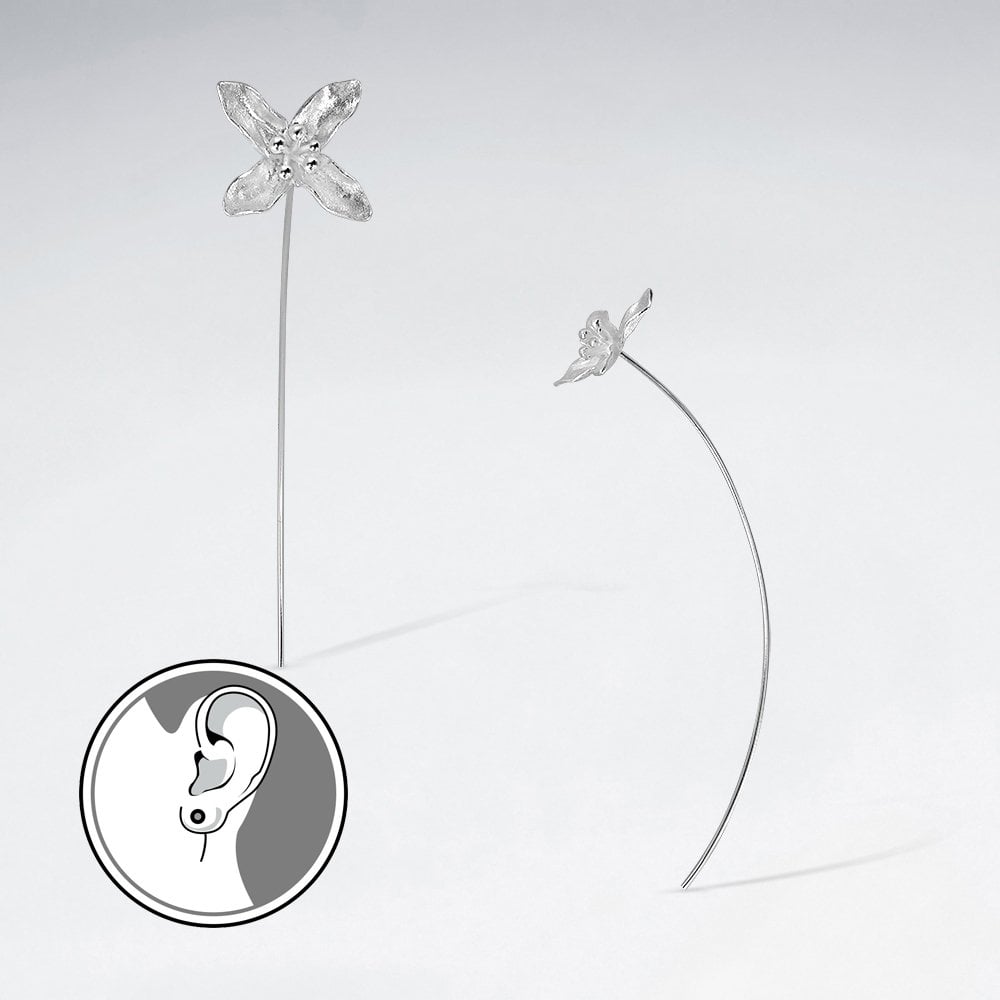 Swooping Style Modern Glam Long Back Flower Silver Earrings