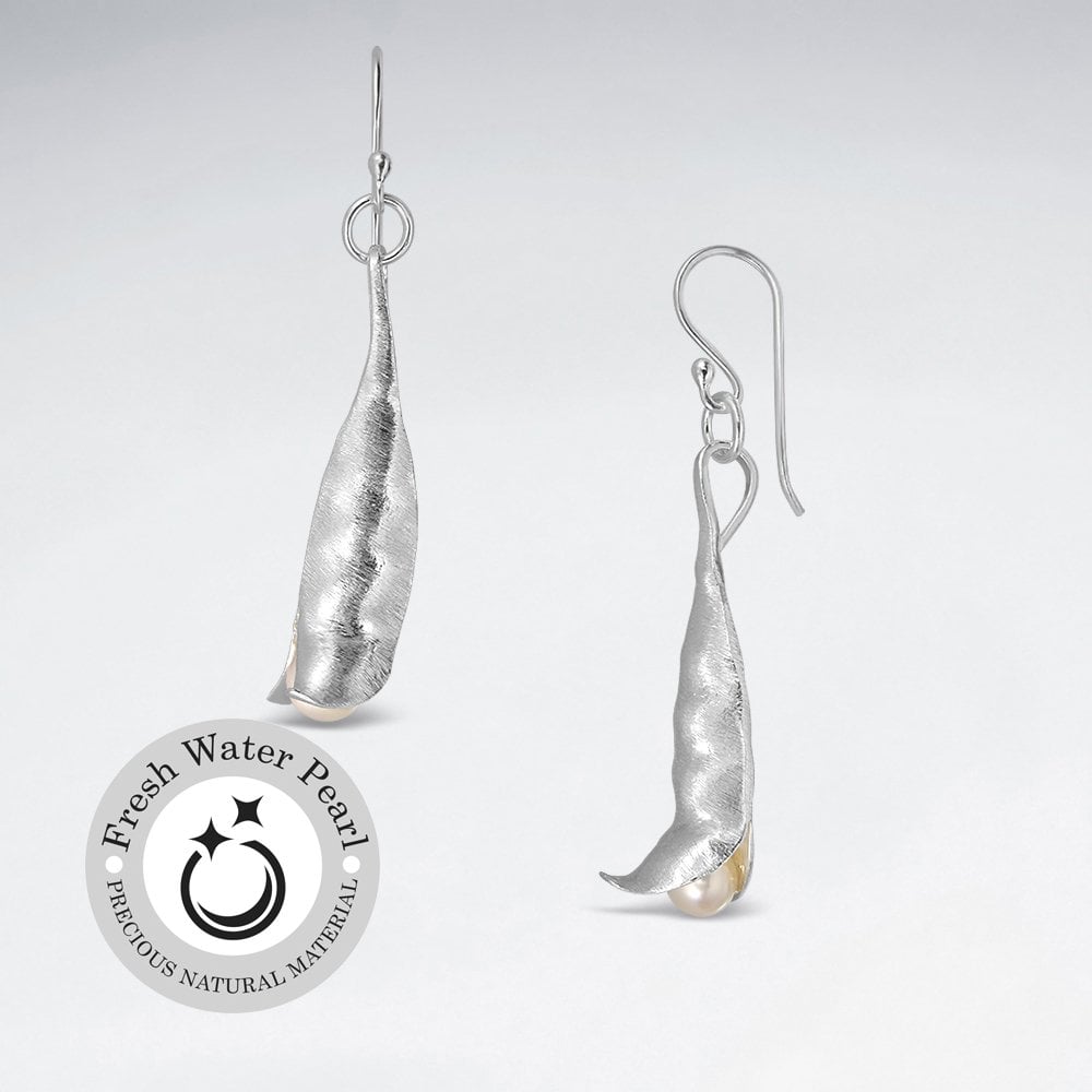Pea Pod Silver Dangling Silver Earring With Pearl