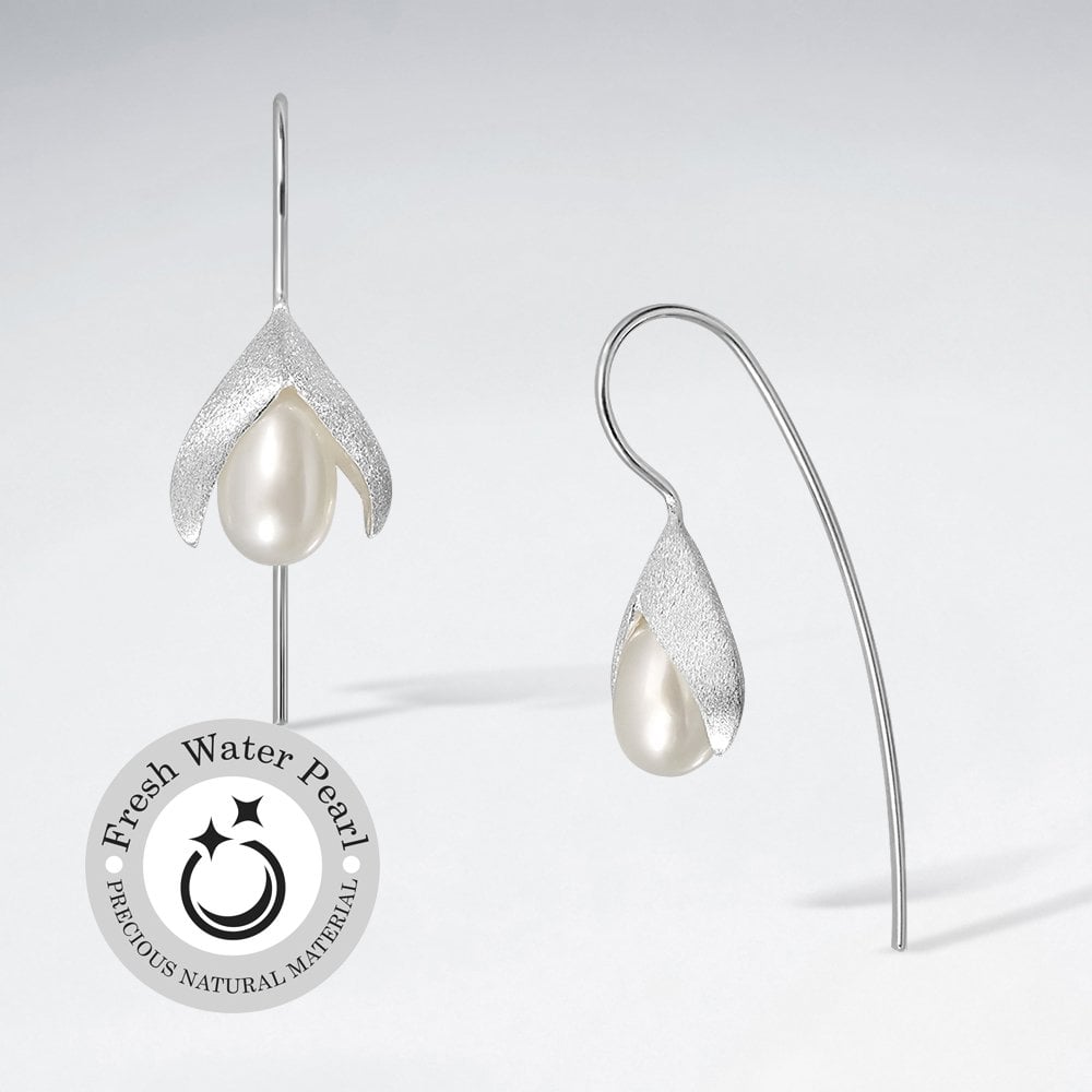 Sterling Silver Bluebell Inspired Flower With Pearl Earrings