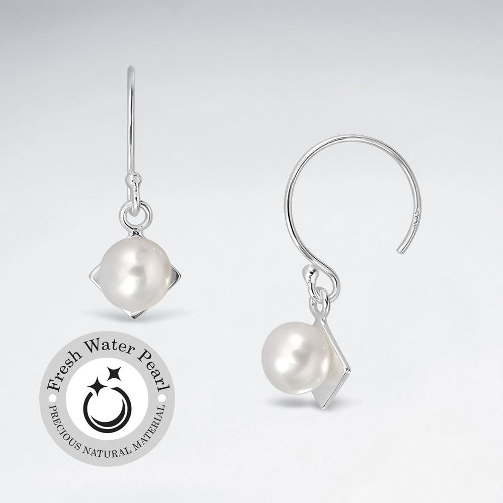 Pearl Drop and Silver Diamond Shape Dangle Earrings
