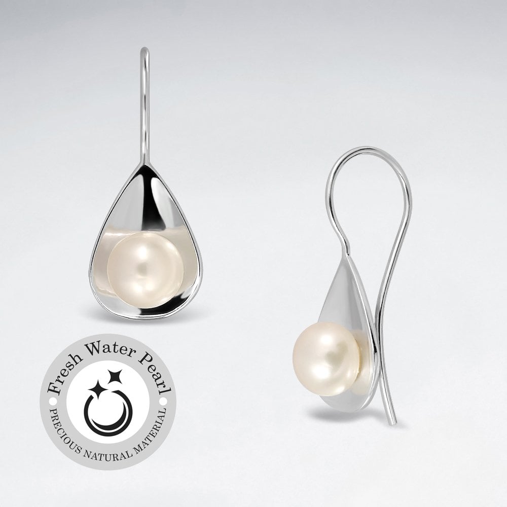 Polished Silver Teardrop With Pearl Dangle Earrings