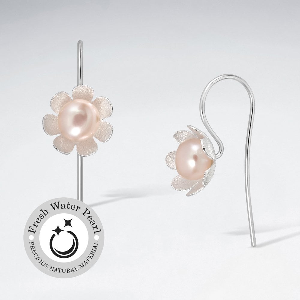 Matte Silver Cream Pearl Studded Flower Earrings