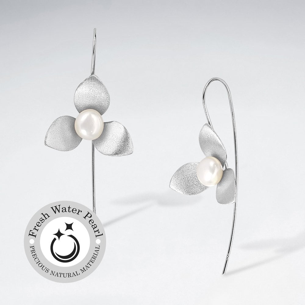 Sterling Silver Tridad Matte Flower Pearl Threader Earrings