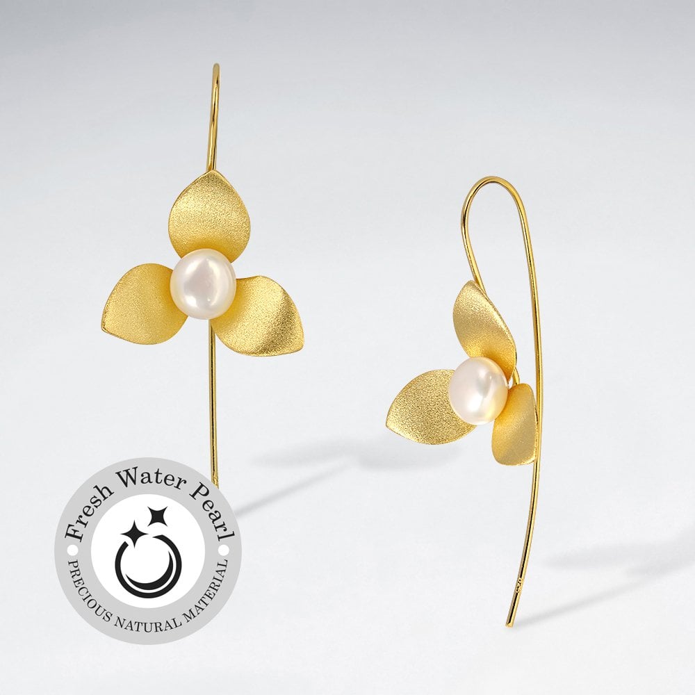 Sterling Silver Tridad Matte Flower Pearl Threader Earrings